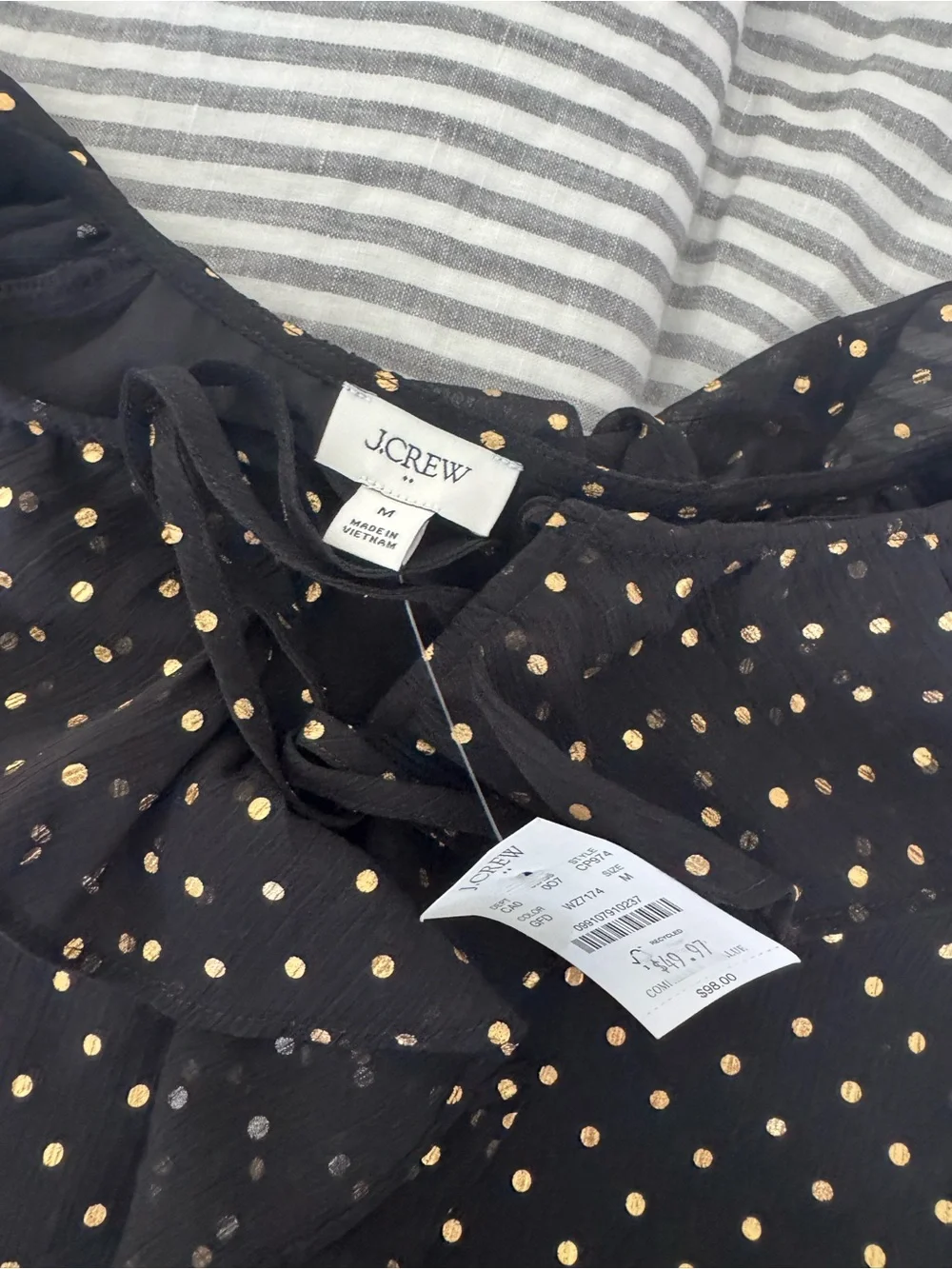 J. Crew Black Blouse with Gold Polka Dots and Ruffle Collar